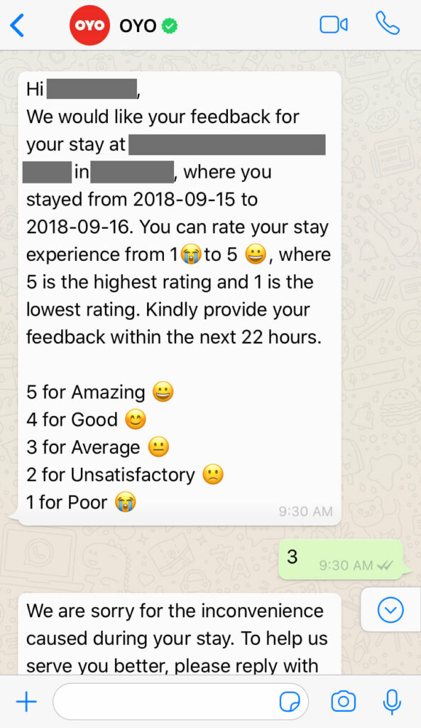  OYO collecting customer feedback over WhatsApp